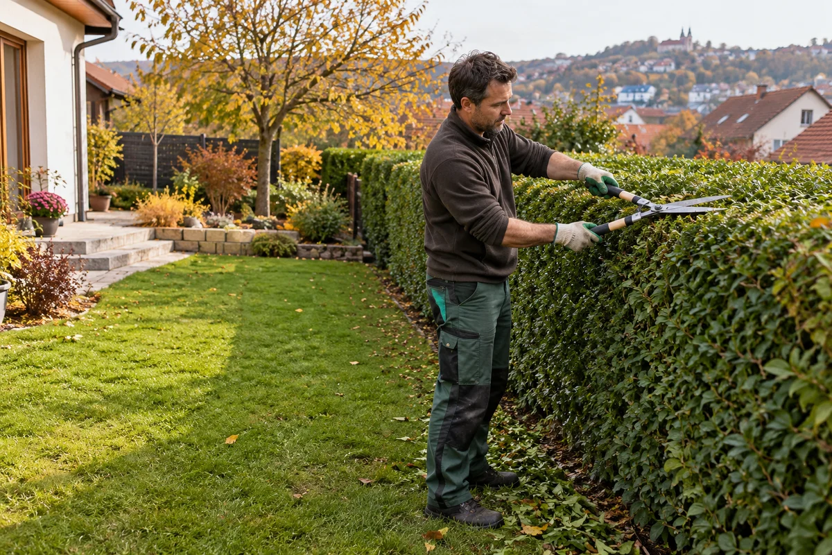 Zahradník stříhá živý plot u rodinného domu v podzimní zahradě