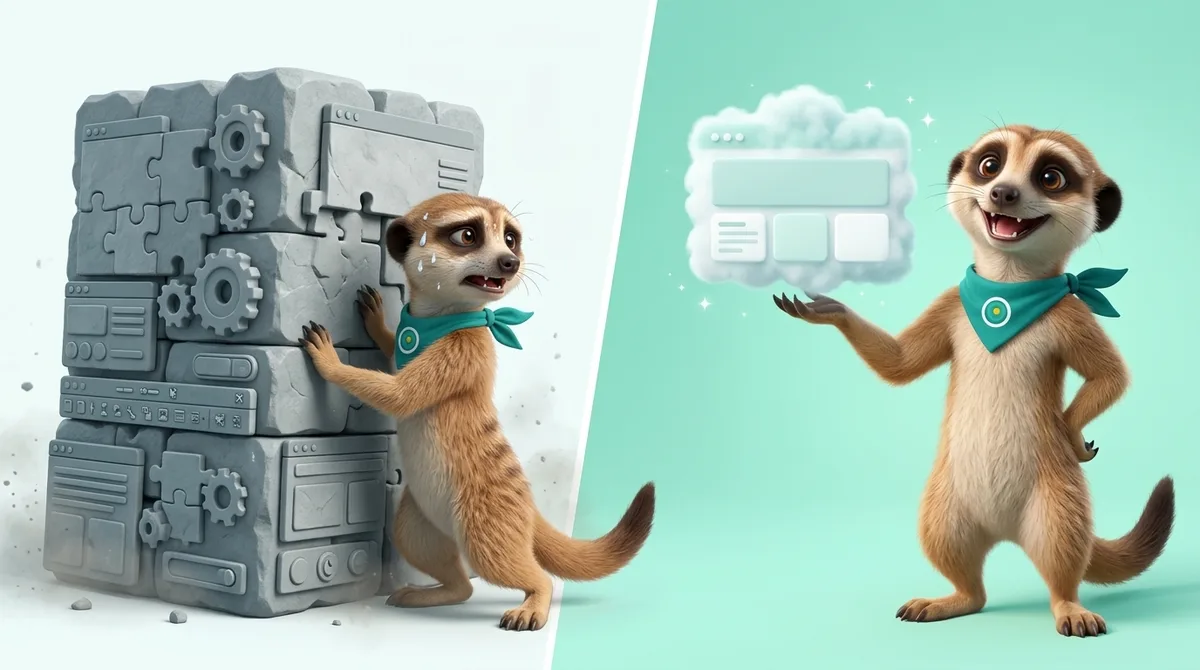 Maskot Ozee s námahou tlačí těžký kvádr ze šablon a nastavení, vedle s úsměvem drží lehký web z obláčku